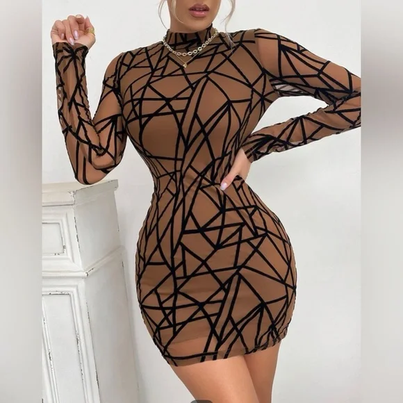 knee length dresses for ladies Mocha Mesh Bodycon Dress